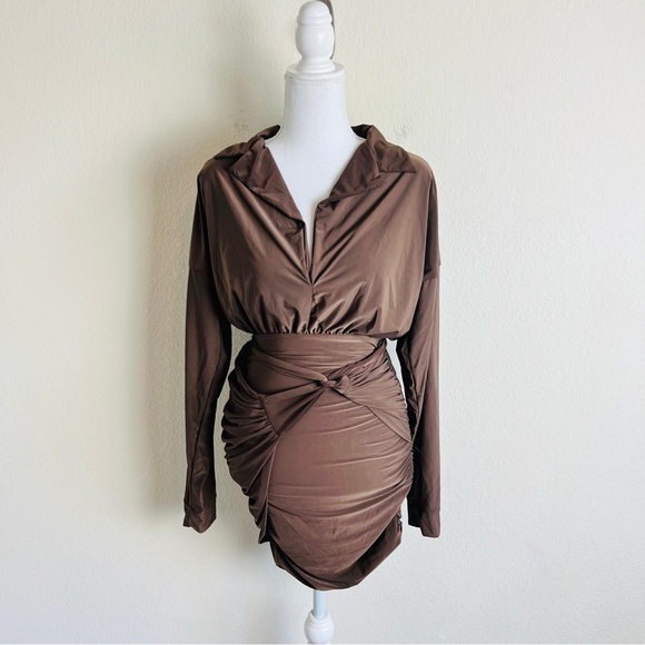Fashion Nova Dresses Fashion Nova Brown Slinky Ruched Long Sleeve